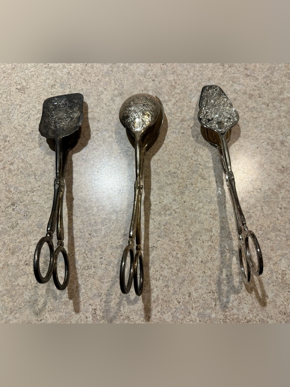 EP Zinc- Antique Silver-Plated Tongs Trio - Ornate Floral Tips- Made in Italy